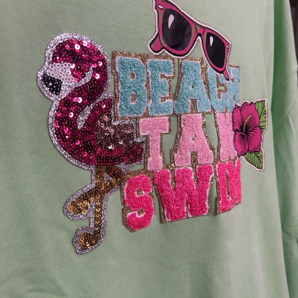 Simply Southern Beach Tan Swim Sequin Sparkly Green Sweatshirt - XL - Picture 4 of 8